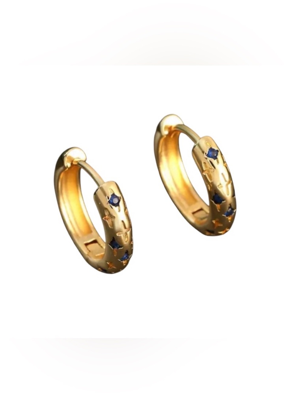 14k Gold Plated Star and Sapphire Huggie Hoop Earrings